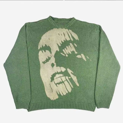 Men'S Vintage Knitted Sweater Autumn/Winter Pullover Sweater Y2K Harajuku Large Sweater Printed Fashion Aesthetics Green EMO