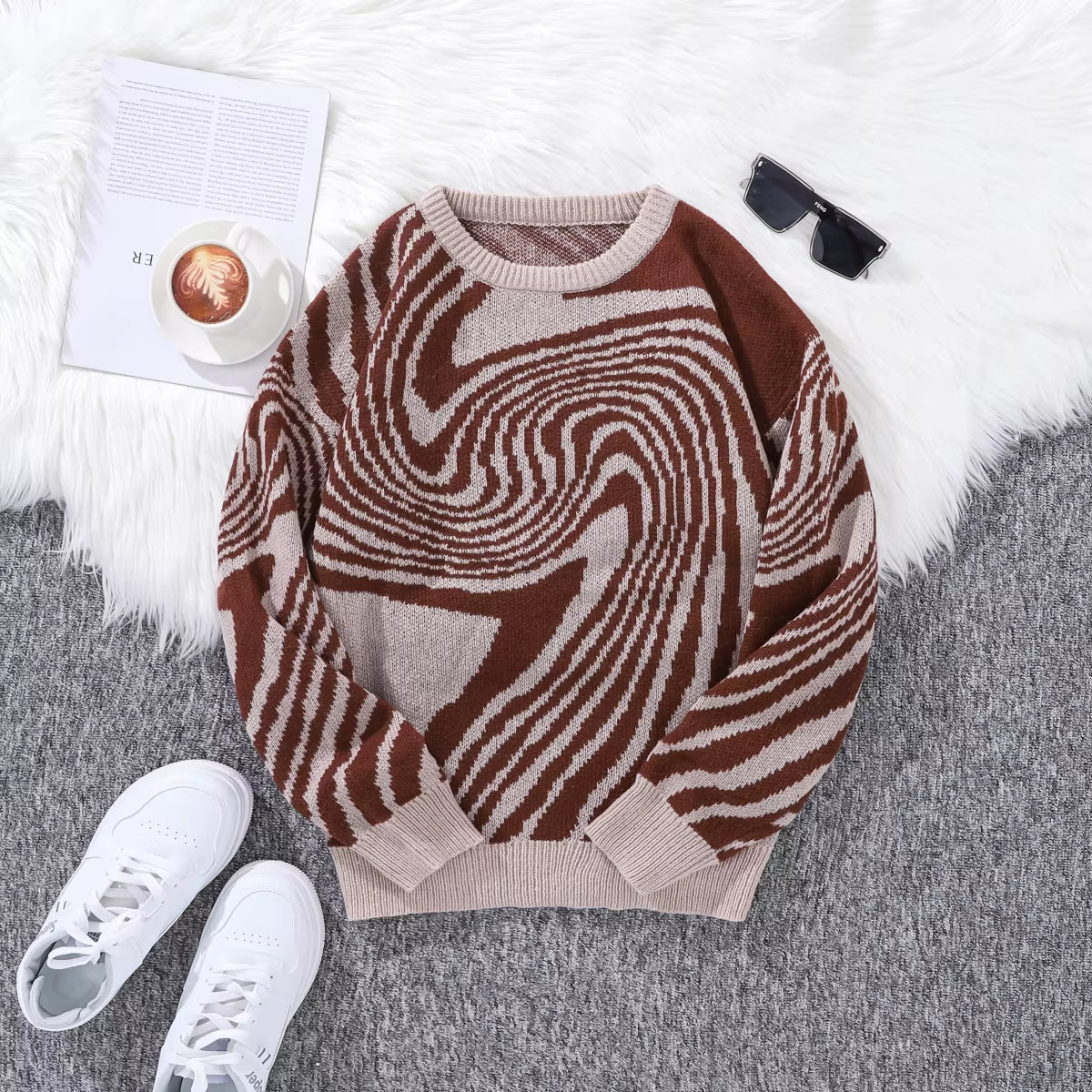 New Popular Autumn and Winter Maze Jacquard Pattern Pullover Sweater Casual round Neck Contrast Color Knitted Men'S Pullover