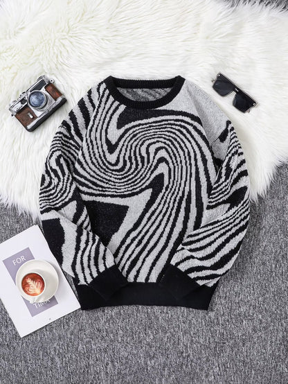 New Popular Autumn and Winter Maze Jacquard Pattern Pullover Sweater Casual round Neck Contrast Color Knitted Men'S Pullover