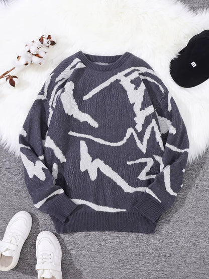 New Popular Spring Autumn Graffiti Jacquard Pattern Pullover Sweater Casual round Neck Contrast Color Knitted Men'S Pullover