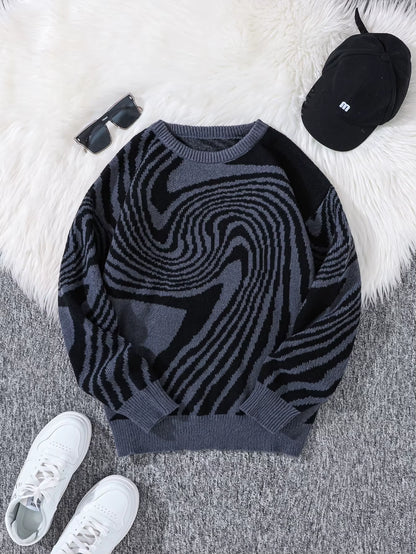 New Popular Autumn and Winter Maze Jacquard Pattern Pullover Sweater Casual round Neck Contrast Color Knitted Men'S Pullover