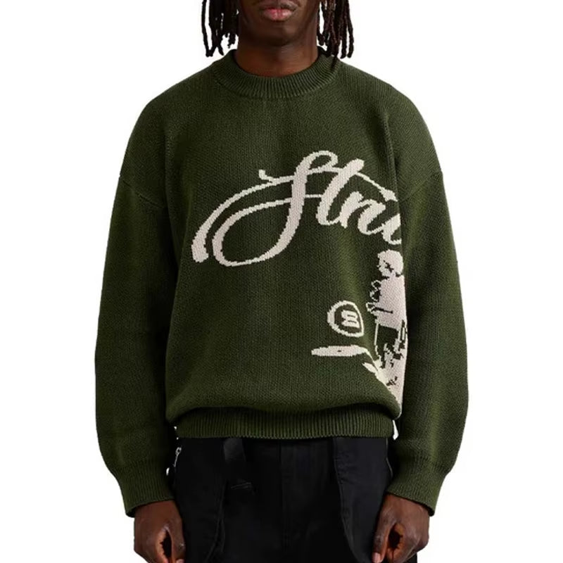 Punk Men'S Casual Fashion Street Knitted Sweater Retro 2000S Letter Cartoon Character Hip-Hop Knitted Pattern Pullover Y2K Style