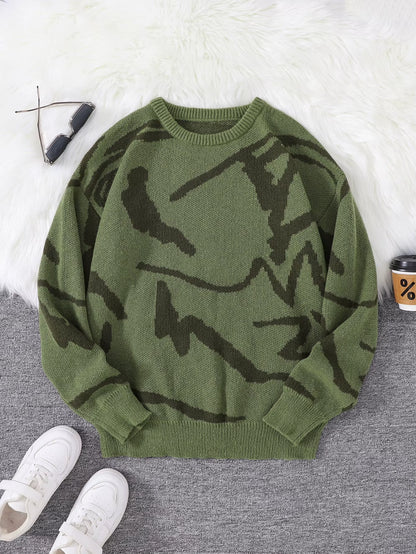 New Popular Spring Autumn Graffiti Jacquard Pattern Pullover Sweater Casual round Neck Contrast Color Knitted Men'S Pullover