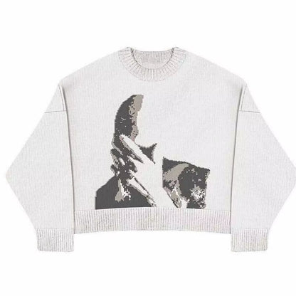 Women'S Knitting Gothic Print Pattern O Neck Pullover Sweater Streetwear Girls Oversized Harajuku Knitwear Y2K Sweaters