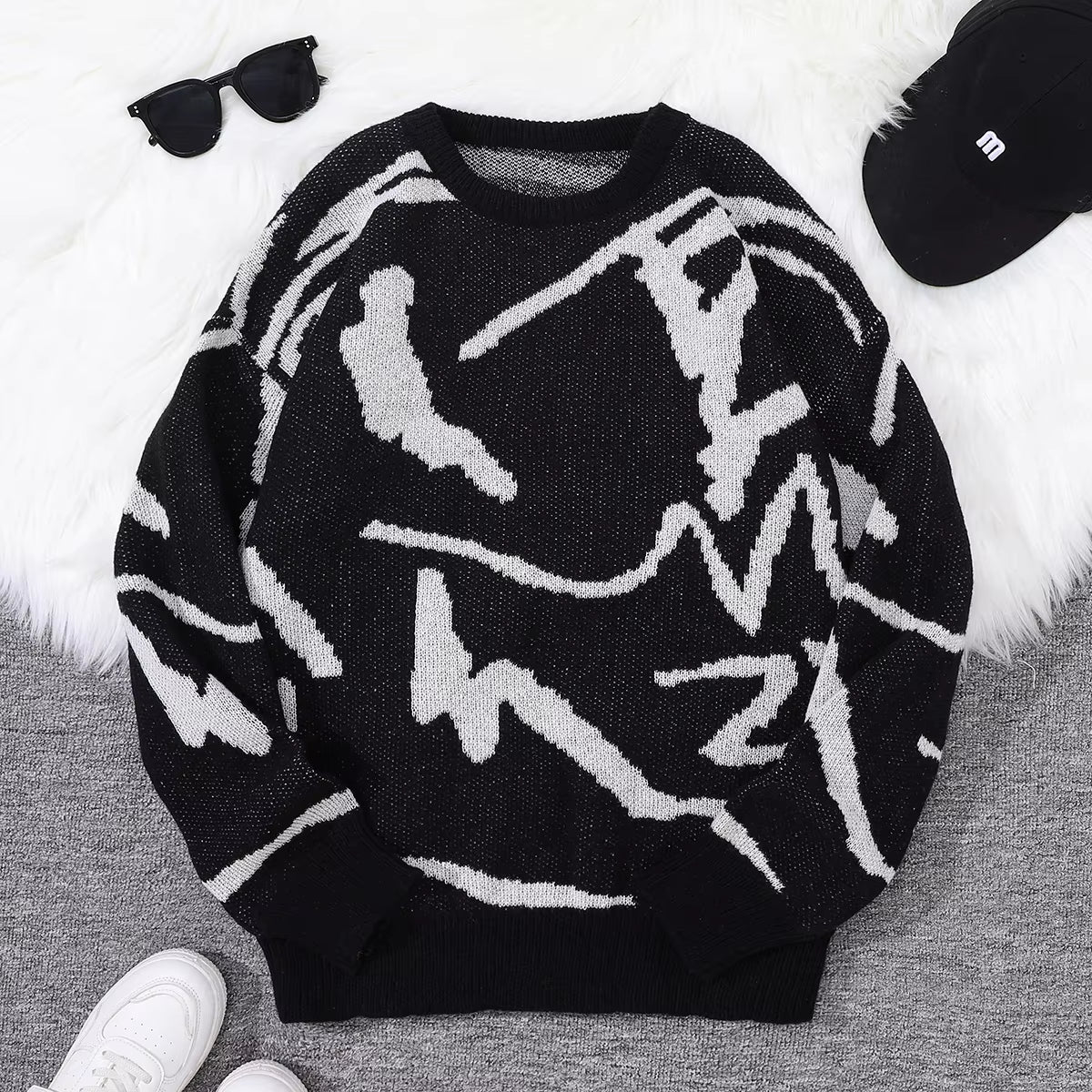 New Popular Spring Autumn Graffiti Jacquard Pattern Pullover Sweater Casual round Neck Contrast Color Knitted Men'S Pullover