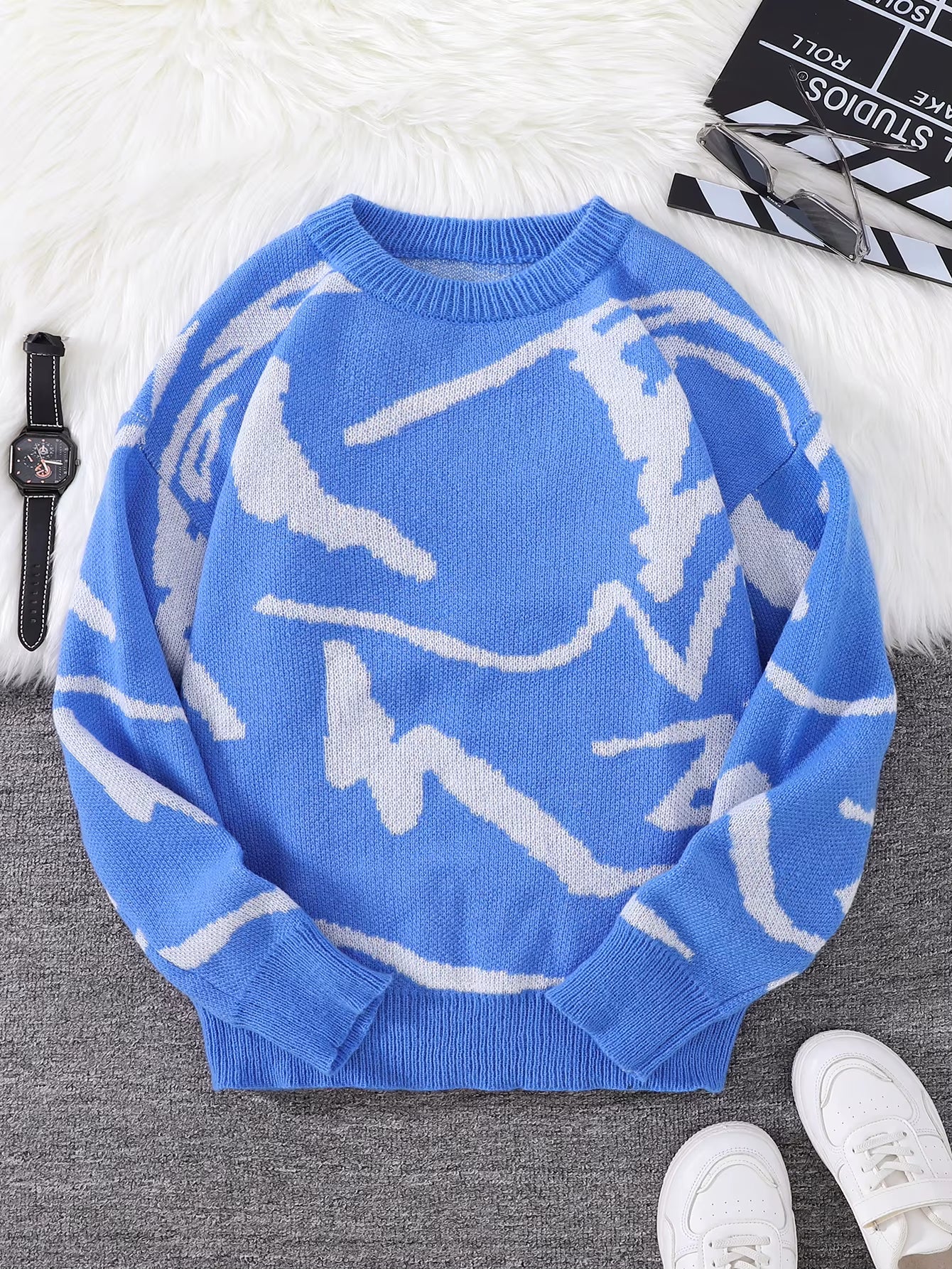 New Popular Spring Autumn Graffiti Jacquard Pattern Pullover Sweater Casual round Neck Contrast Color Knitted Men'S Pullover